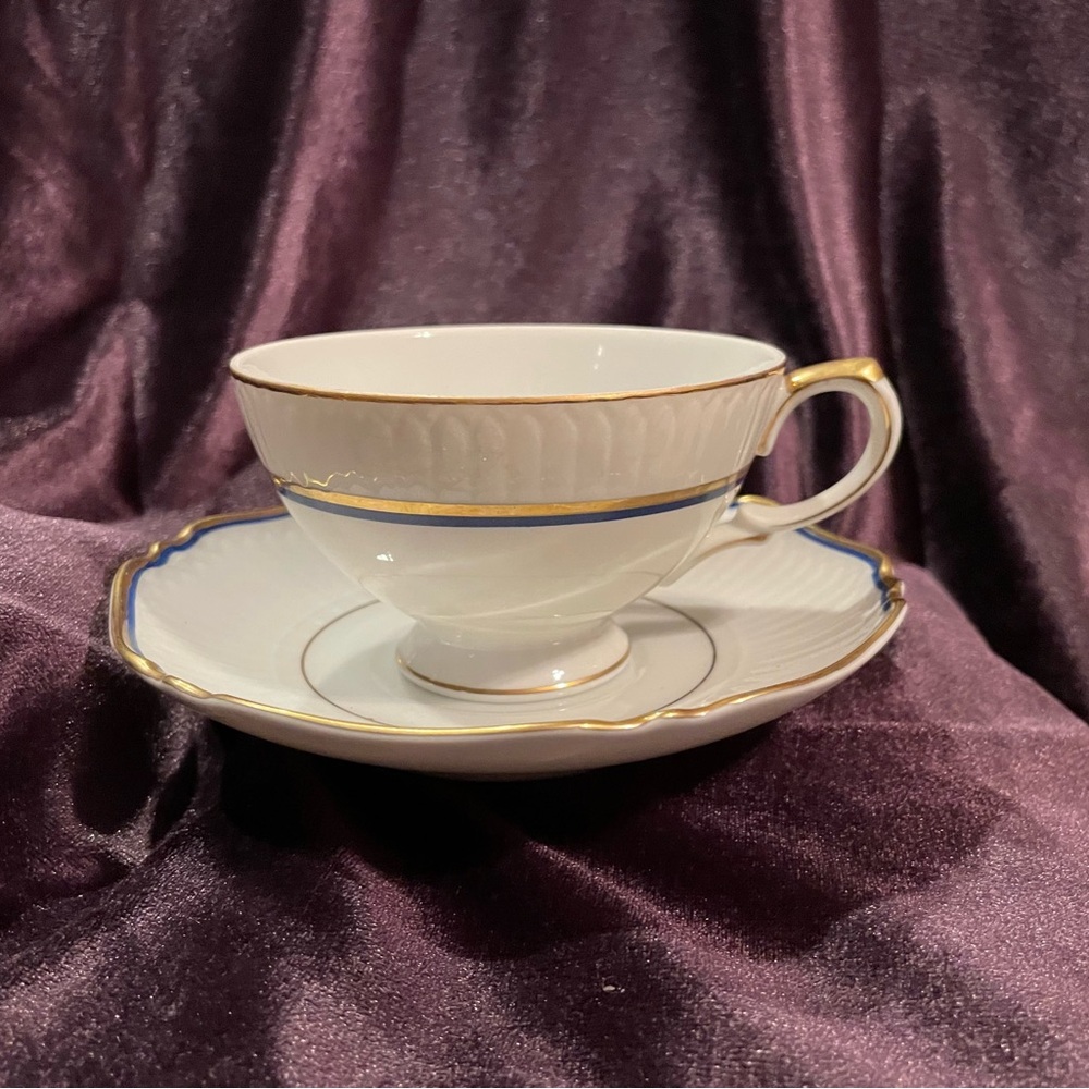 Vintage Mikasa Gold and Blue Trimmed Teacup and Saucer Set